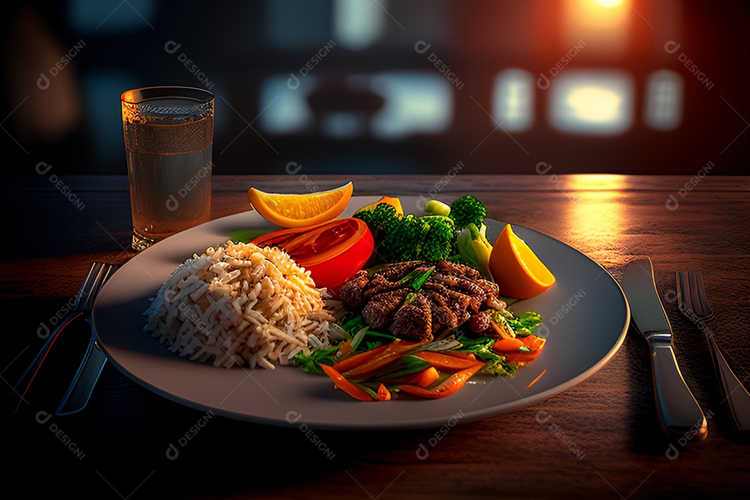 Lindo prato com arroz carne e salada e cenoura