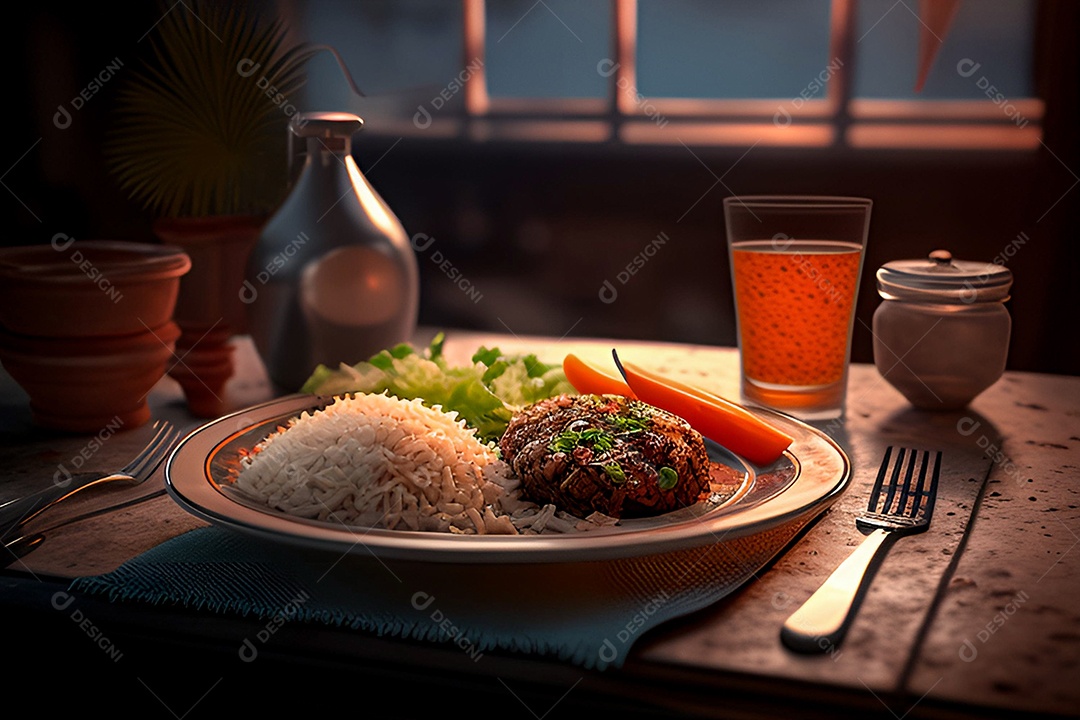 Lindo prato com arroz carne e salada e cenoura