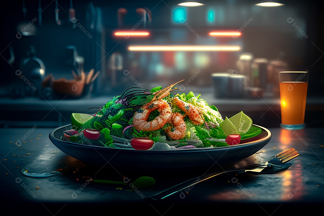 Saboroso prato com camarão e saladas de alface