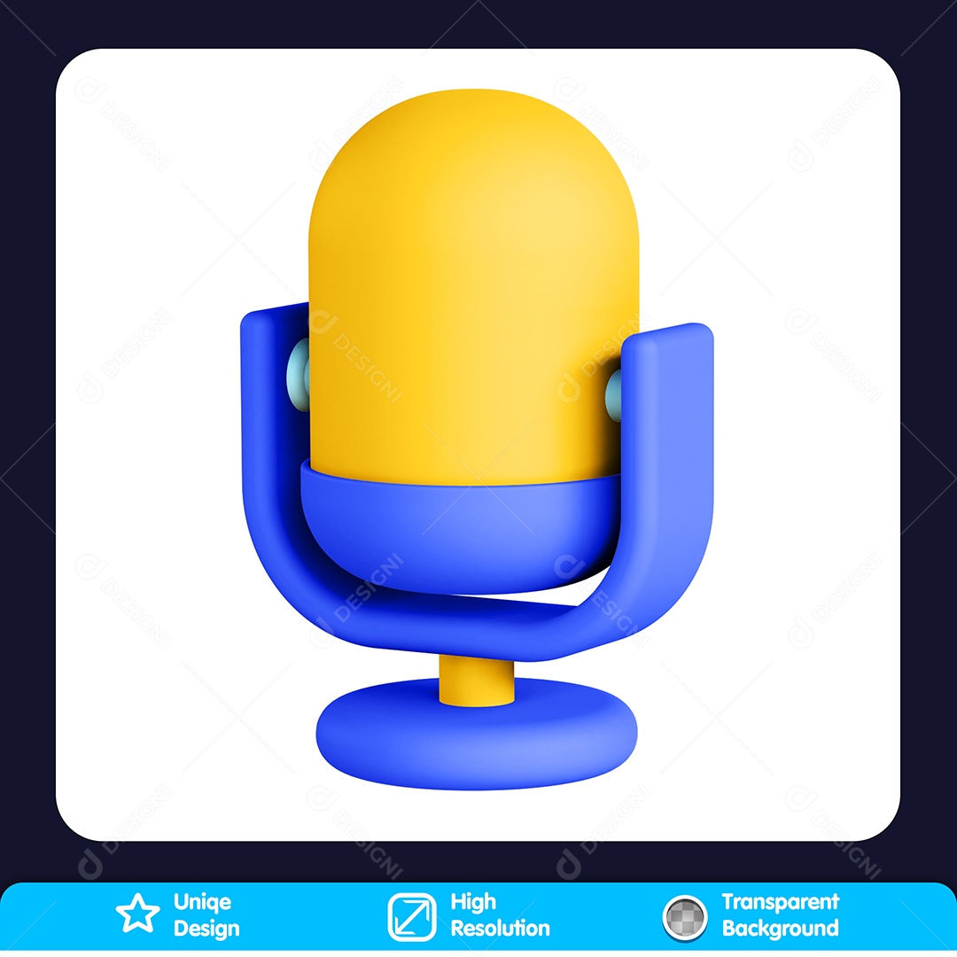 Microfone 3D Elemento Azul e Amarelo Para Composição PSD