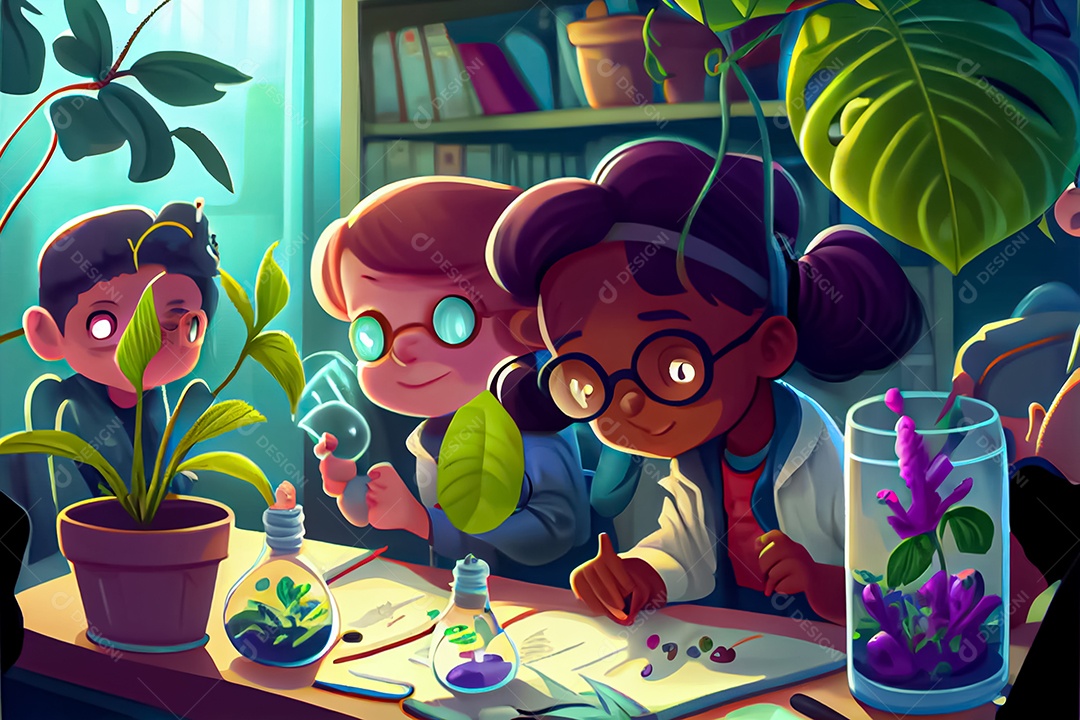 Crianças dos desenhos animados fazendo experimentos pesquisando espécies de plantas na sala de ciências