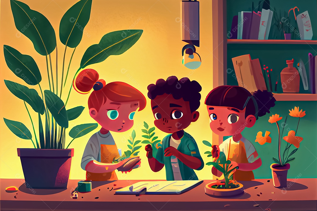 Crianças dos desenhos animados fazendo experimentos pesquisando espécies de plantas na sala de ciências