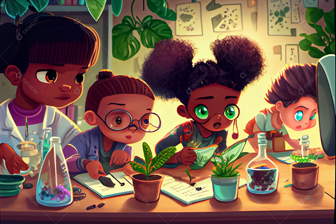 Crianças dos desenhos animados fazendo experimentos pesquisando espécies de plantas na sala de ciências