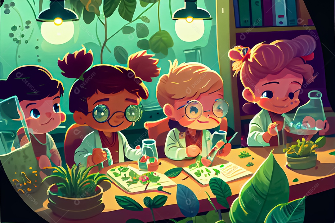 Crianças dos desenhos animados fazendo experimentos pesquisando espécies de plantas na sala de ciências