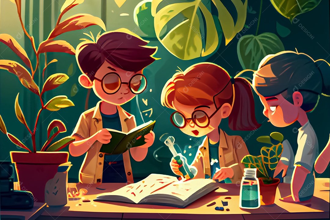 Crianças dos desenhos animados fazendo experimentos pesquisando espécies de plantas na sala de ciências
