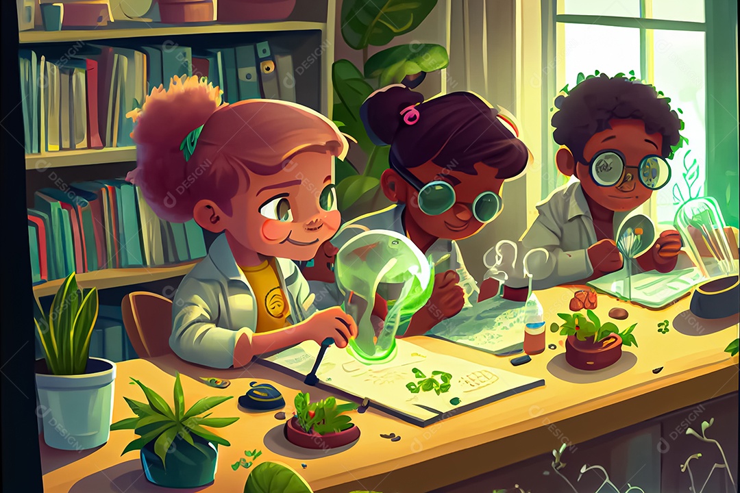 Crianças dos desenhos animados fazendo experimentos pesquisando espécies de plantas na sala de ciências
