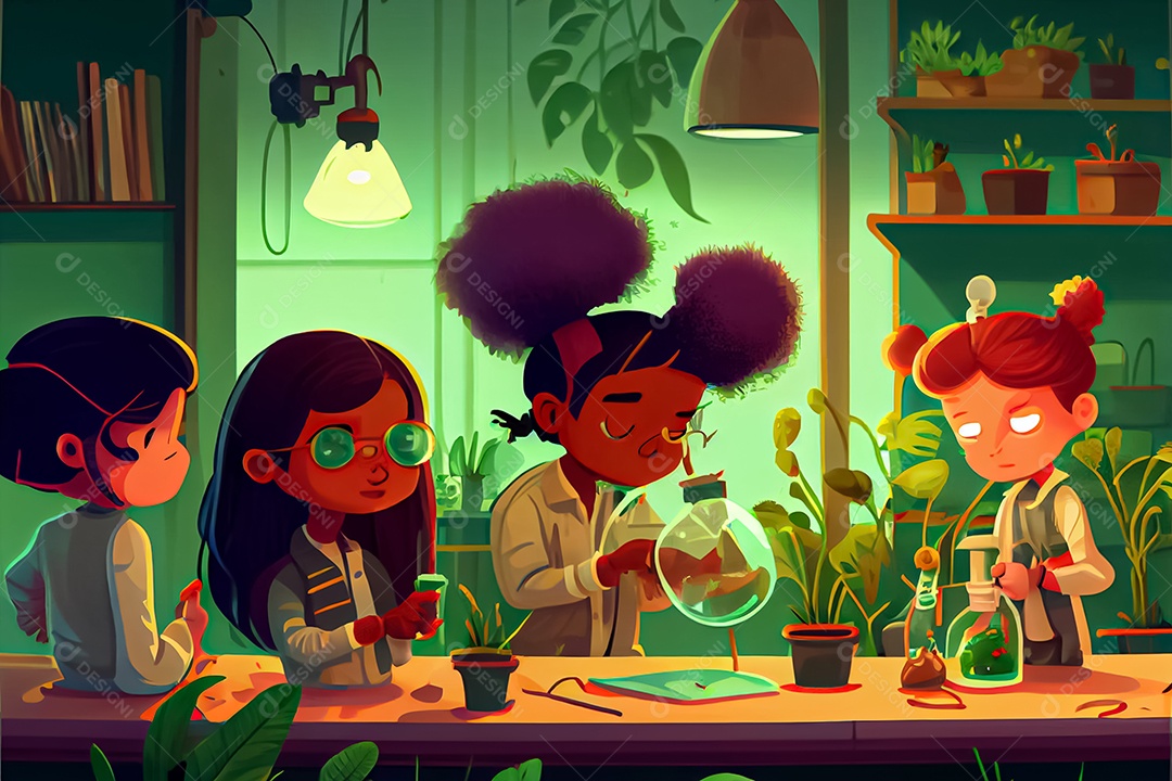 Crianças dos desenhos animados fazendo experimentos pesquisando espécies de plantas na sala de ciências