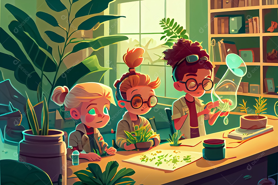 Crianças dos desenhos animados fazendo experimentos pesquisando espécies de plantas na sala de ciências
