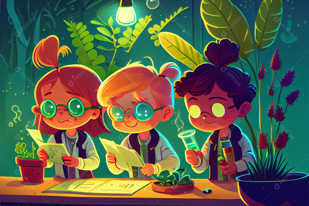 Crianças dos desenhos animados fazendo experimentos pesquisando espécies de plantas na sala de ciências