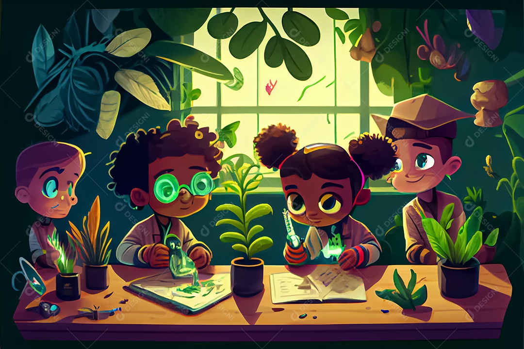 Crianças dos desenhos animados fazendo experimentos pesquisando espécies de plantas na sala de ciências