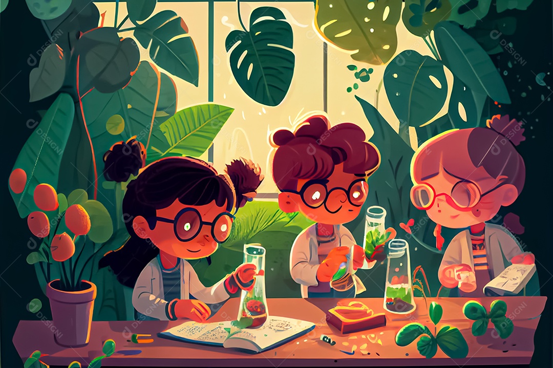 Crianças dos desenhos animados fazendo experimentos pesquisando espécies de plantas na sala de ciências