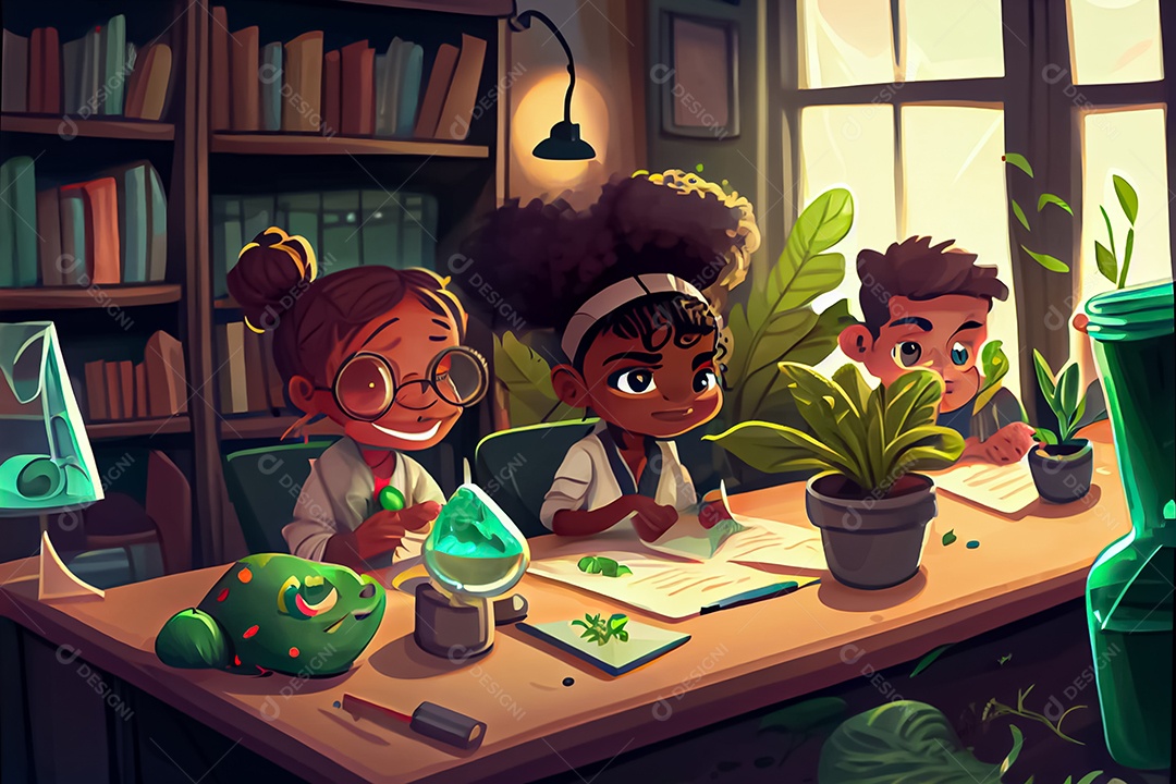 Crianças dos desenhos animados fazendo experimentos pesquisando espécies de plantas na sala de ciências