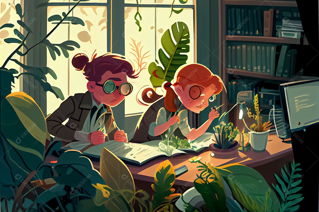 Crianças dos desenhos animados fazendo experimentos pesquisando espécies de plantas na sala de ciências