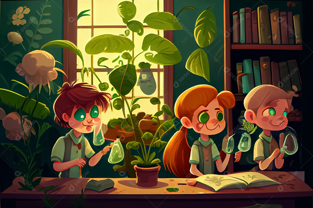 Crianças dos desenhos animados fazendo experimentos pesquisando espécies de plantas na sala de ciências