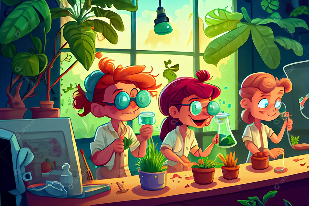 Crianças dos desenhos animados fazendo experimentos pesquisando espécies de plantas na sala de ciências