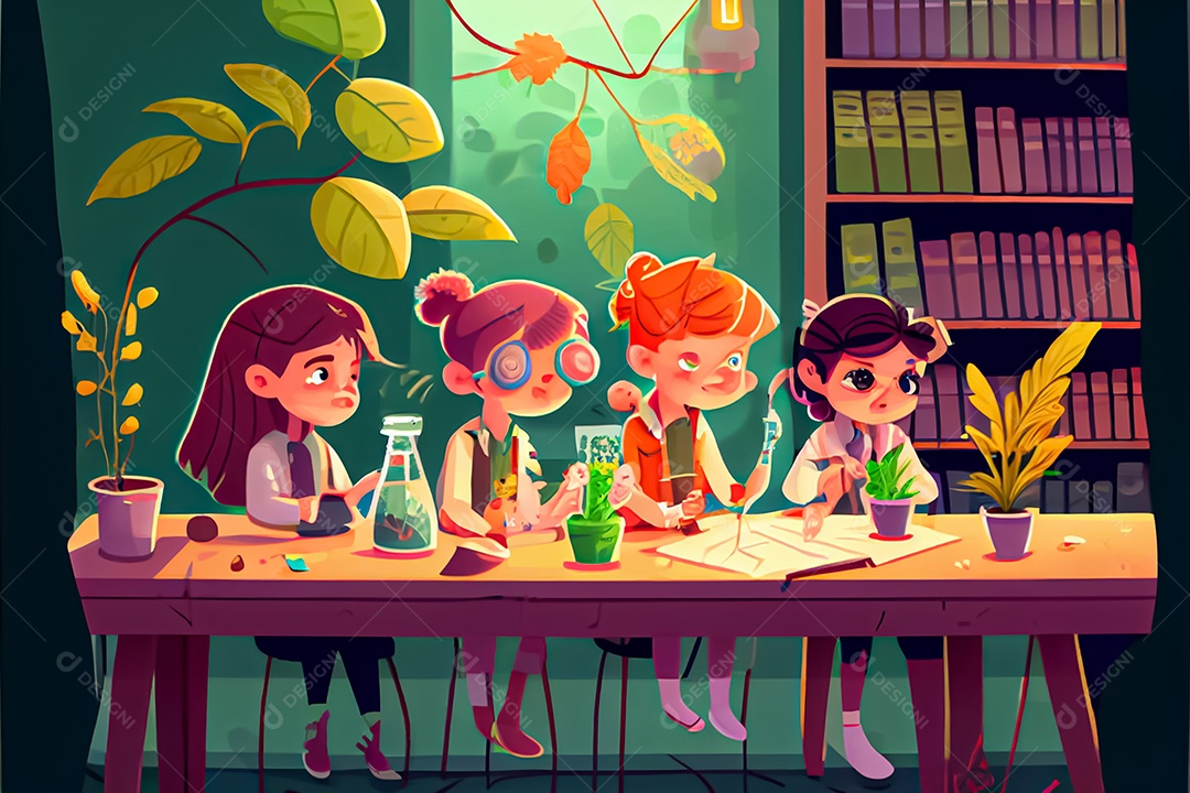 Crianças dos desenhos animados fazendo experimentos pesquisando espécies de plantas na sala de ciências