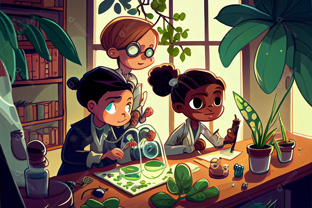 Crianças dos desenhos animados fazendo experimentos pesquisando espécies de plantas na sala de ciências