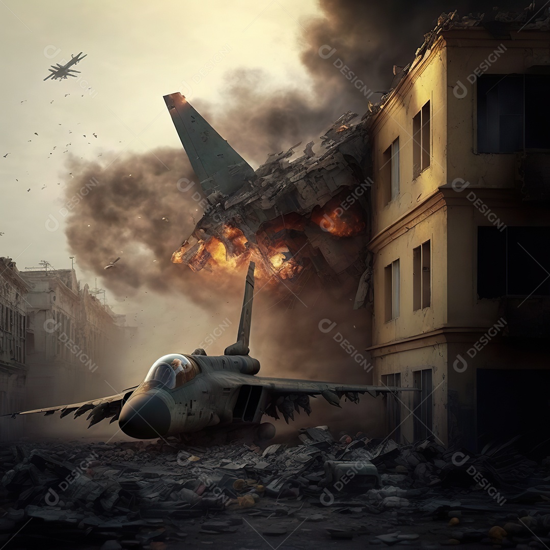 No céu vários aviões militares como caças e bombardeiros realizam missões em áreas de conflito sobrevoando uma cidade na Ucrânia