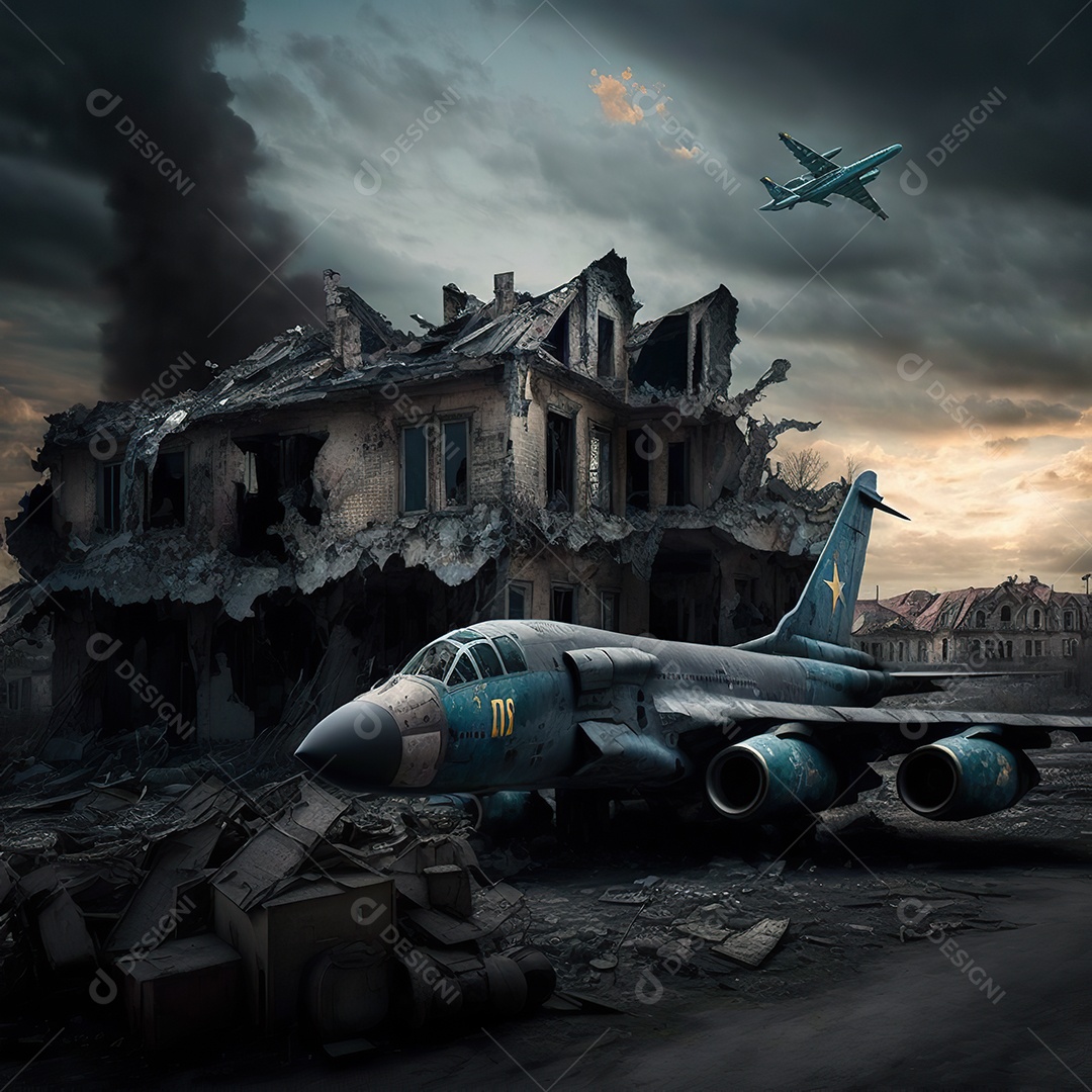 No céu vários aviões militares como caças e bombardeiros realizam missões em áreas de conflito sobrevoando uma cidade na Ucrânia