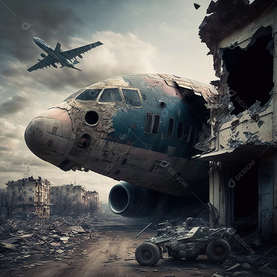 No céu vários aviões militares como caças e bombardeiros realizam missões em áreas de conflito sobrevoando uma cidade na Ucrânia