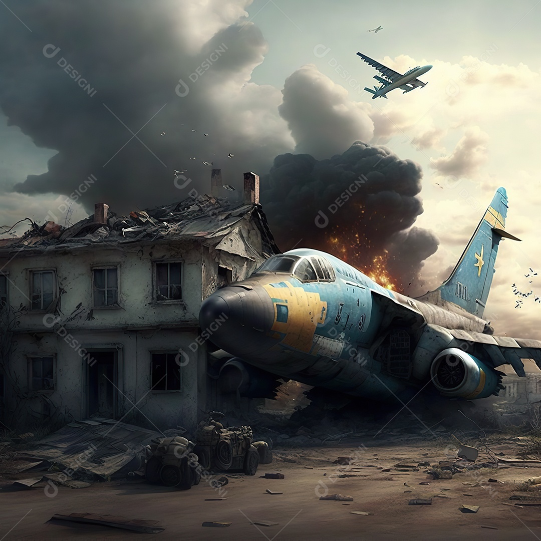 No céu vários aviões militares como caças e bombardeiros realizam missões em áreas de conflito sobrevoando uma cidade na Ucrânia