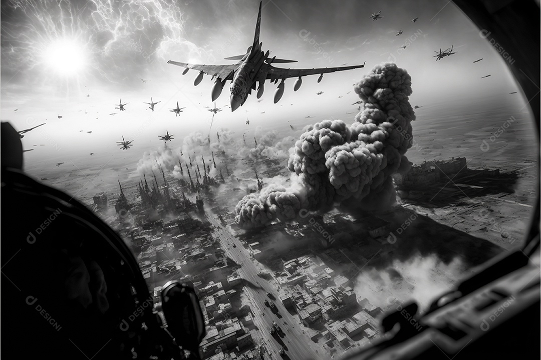 No céu vários aviões militares como caças e bombardeiros realizam missões em áreas de conflito sobrevoando uma cidade na Ucrânia