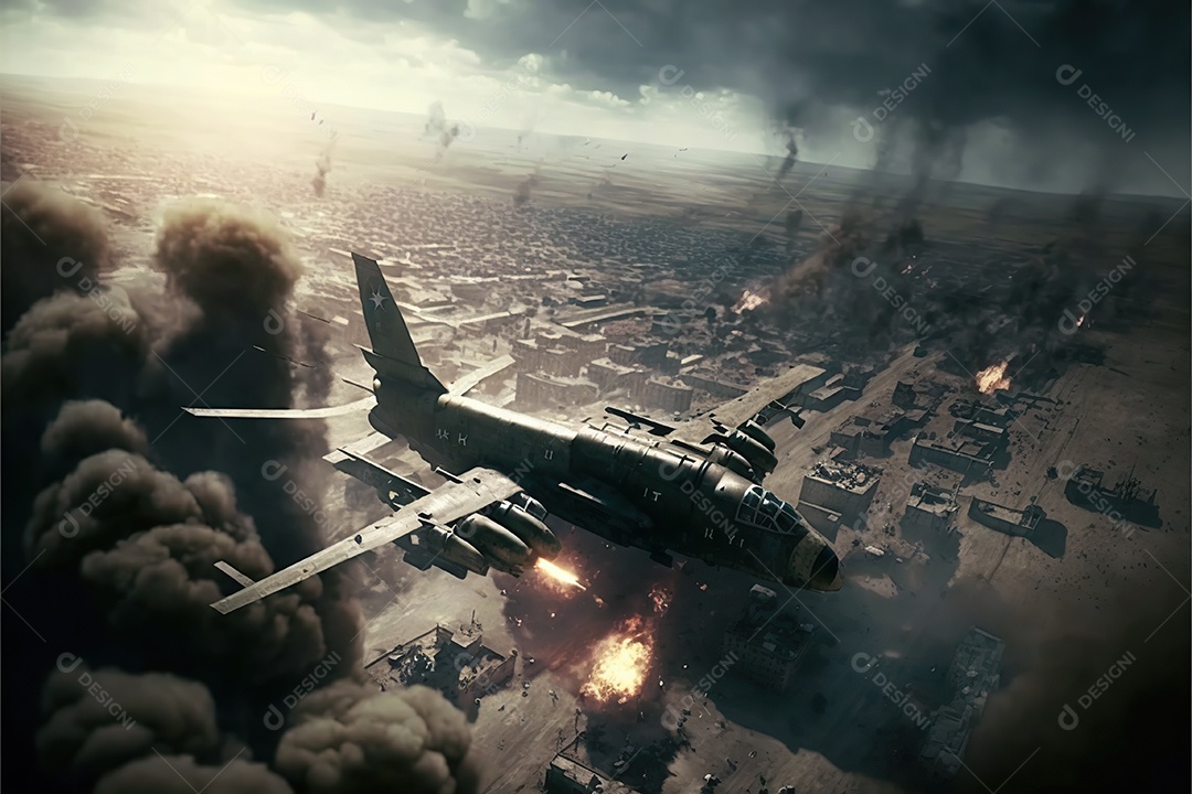 No céu vários aviões militares como caças e bombardeiros realizam missões em áreas de conflito sobrevoando uma cidade na Ucrânia