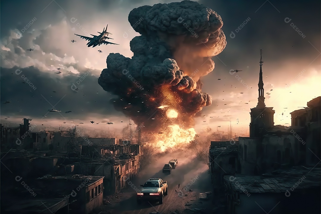 No céu vários aviões militares como caças e bombardeiros realizam missões em áreas de conflito sobrevoando uma cidade na Ucrânia