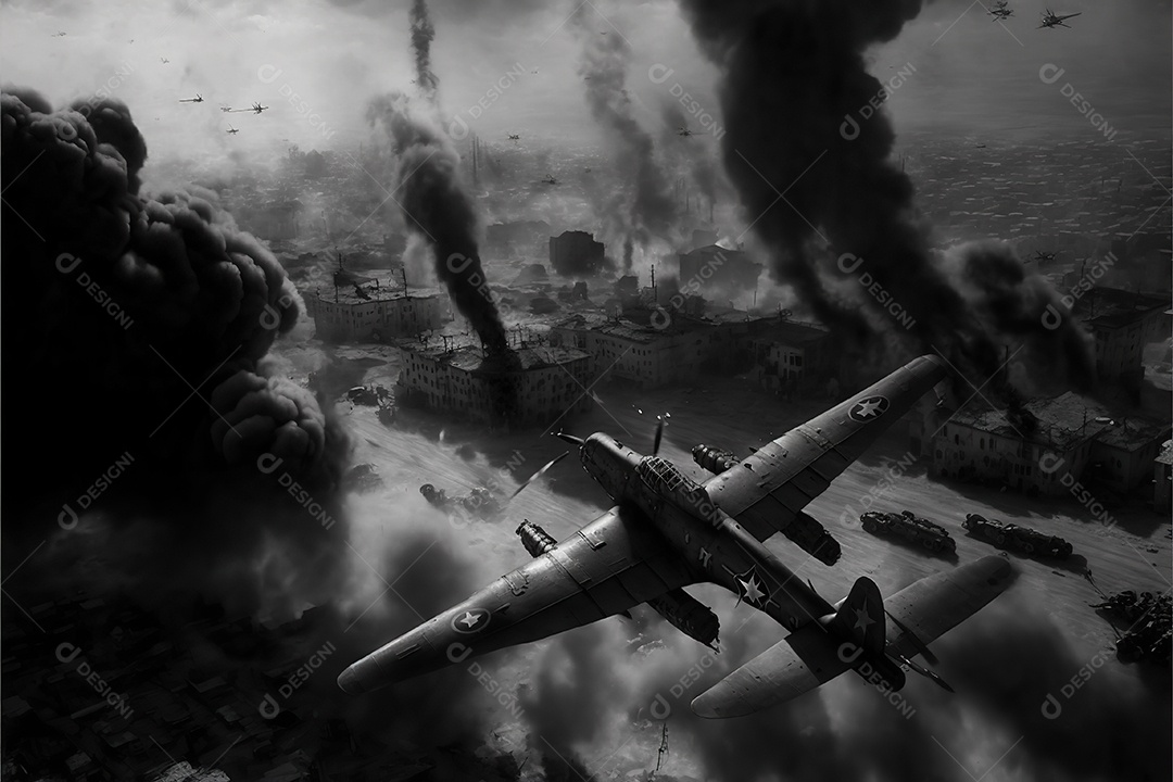 No céu vários aviões militares como caças e bombardeiros realizam missões em áreas de conflito sobrevoando uma cidade na Ucrânia