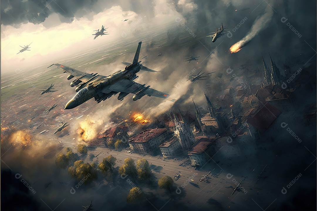 No céu vários aviões militares como caças e bombardeiros realizam missões em áreas de conflito sobrevoando uma cidade na Ucrânia