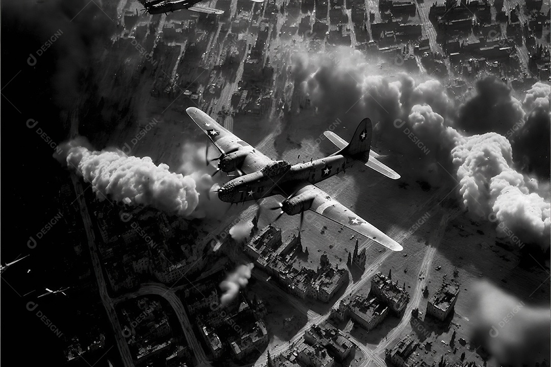 No céu vários aviões militares como caças e bombardeiros realizam missões em áreas de conflito sobrevoando uma cidade na Ucrânia