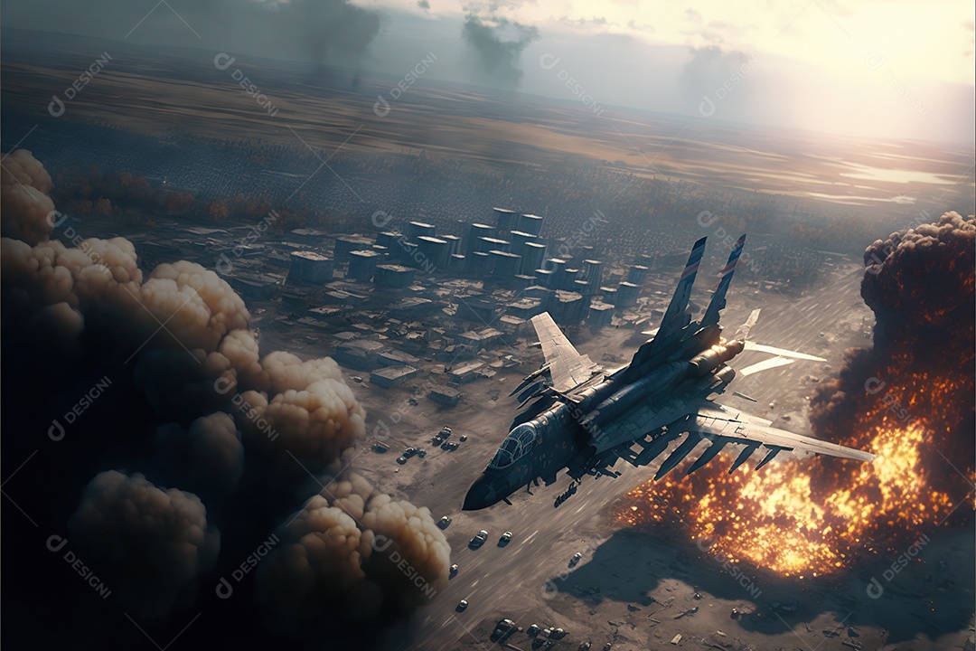 No céu vários aviões militares como caças e bombardeiros realizam missões em áreas de conflito sobrevoando uma cidade na Ucrânia