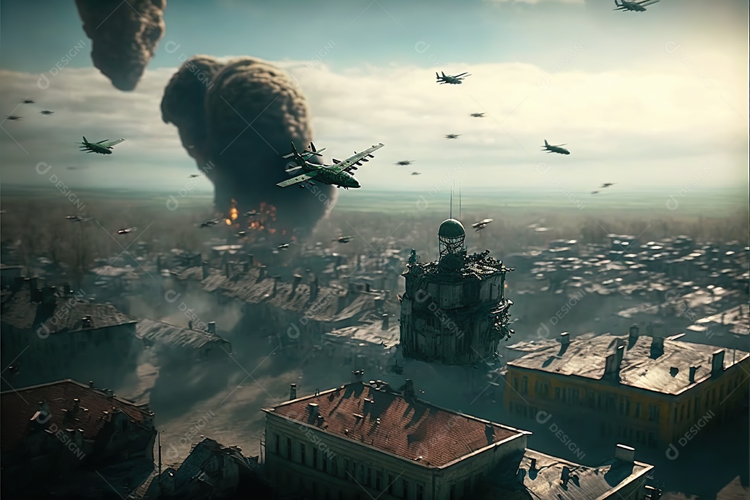 No céu vários aviões militares como caças e bombardeiros realizam missões em áreas de conflito sobrevoando uma cidade na Ucrânia