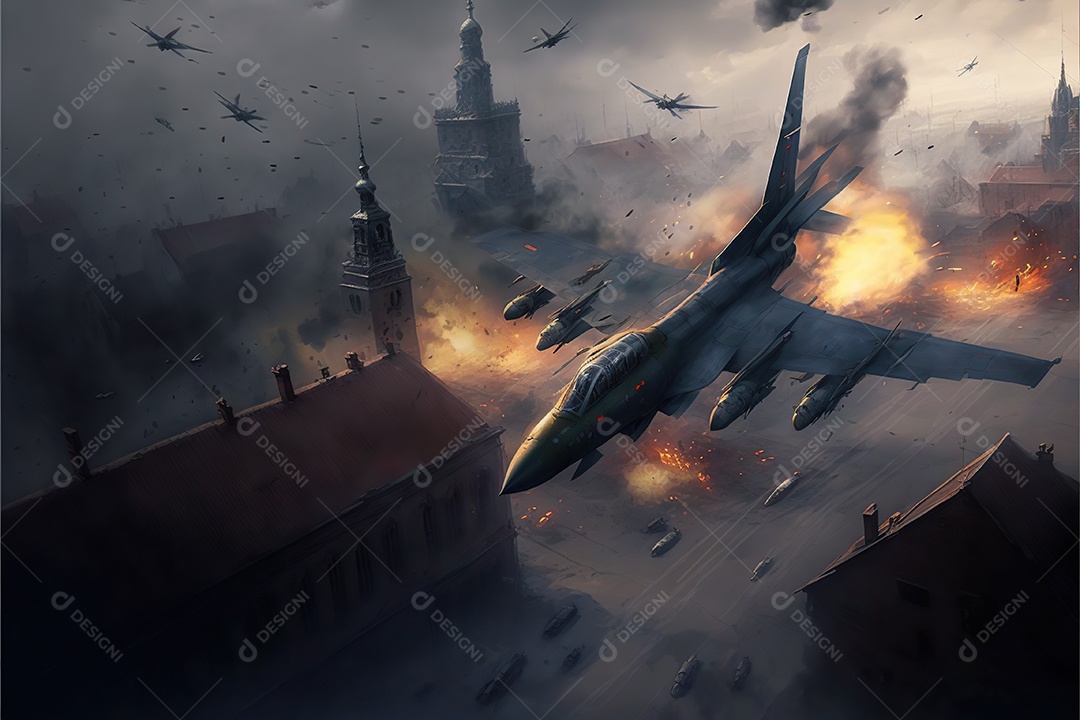 No céu vários aviões militares como caças e bombardeiros realizam missões em áreas de conflito sobrevoando uma cidade na Ucrânia