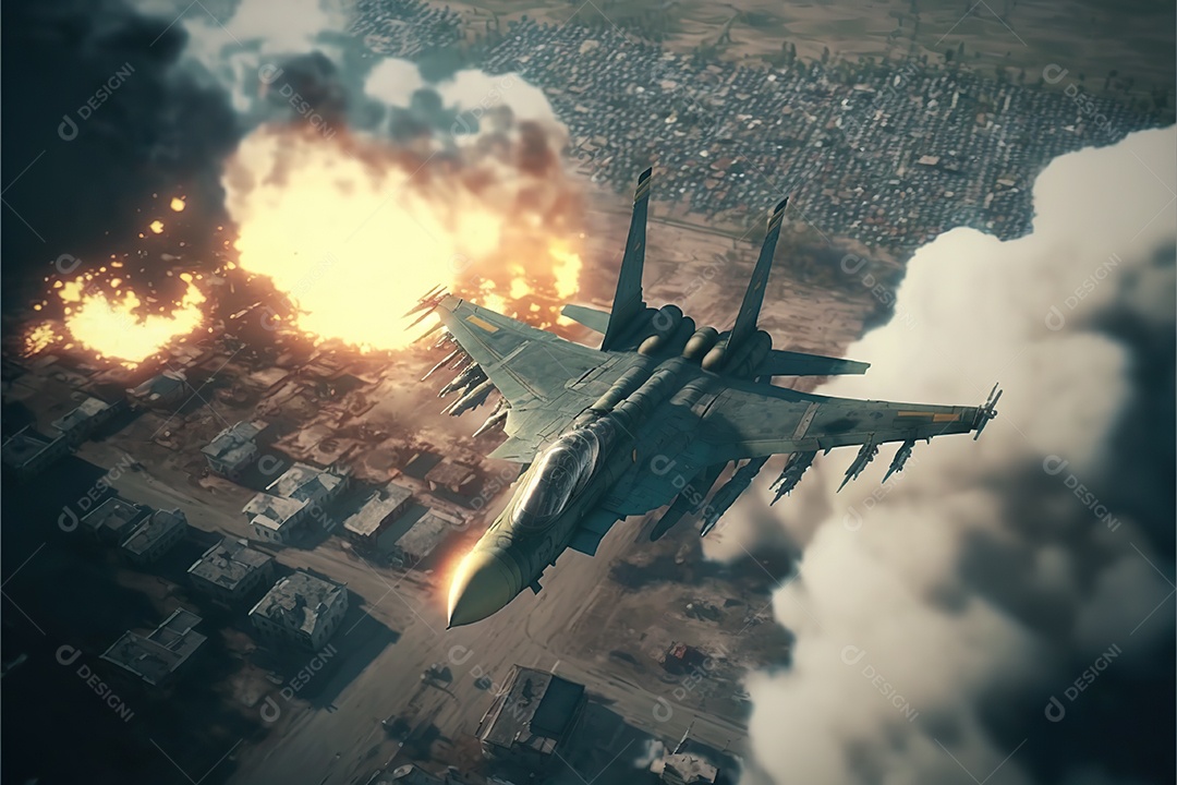 No céu vários aviões militares como caças e bombardeiros realizam missões em áreas de conflito sobrevoando uma cidade na Ucrânia