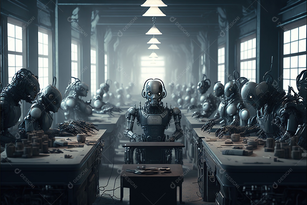 Tecnologia futurista mostrando uma sala cheia de robôs trabalhando lado a lado com humanos. Os robôs.