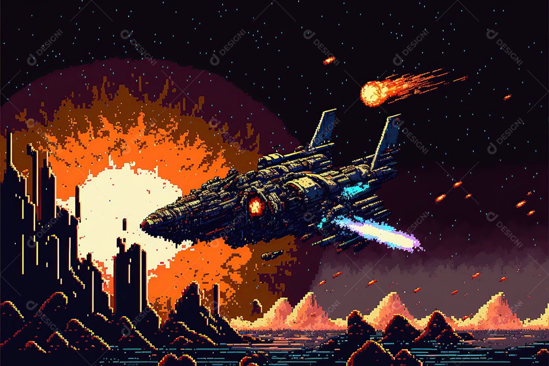 Nave espacial, nível de jogos de computador retrô. Cena de videogame pixel art 8 bits. 1980