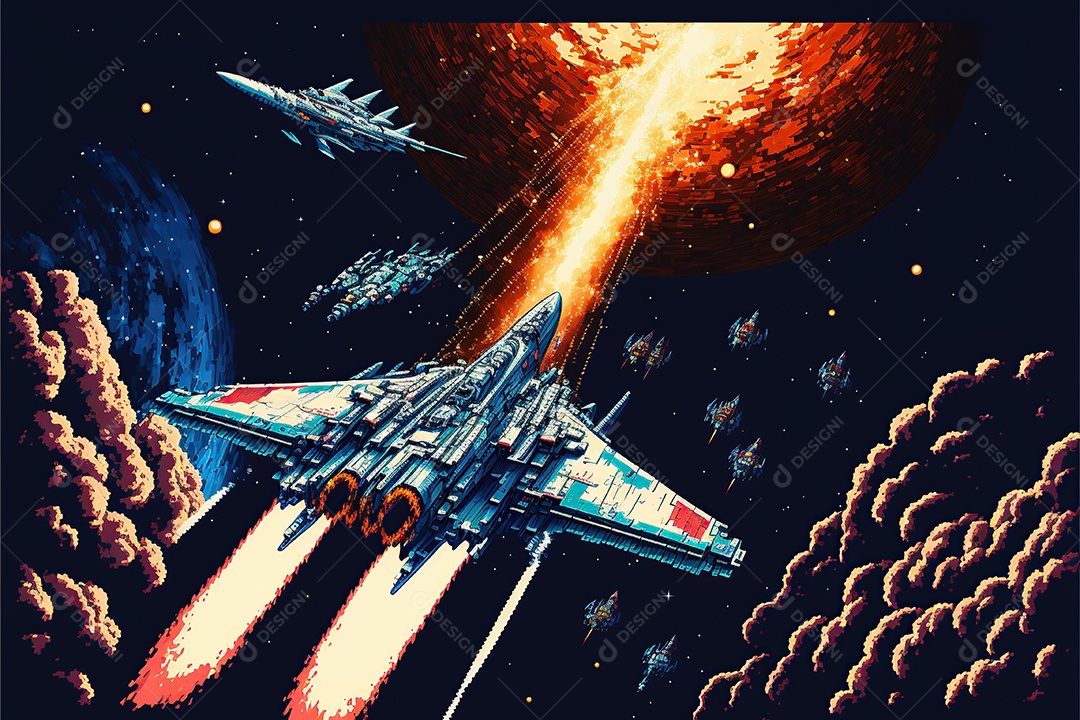 Nave espacial, nível de jogos de computador retrô. Cena de videogame pixel art 8 bits. 1980