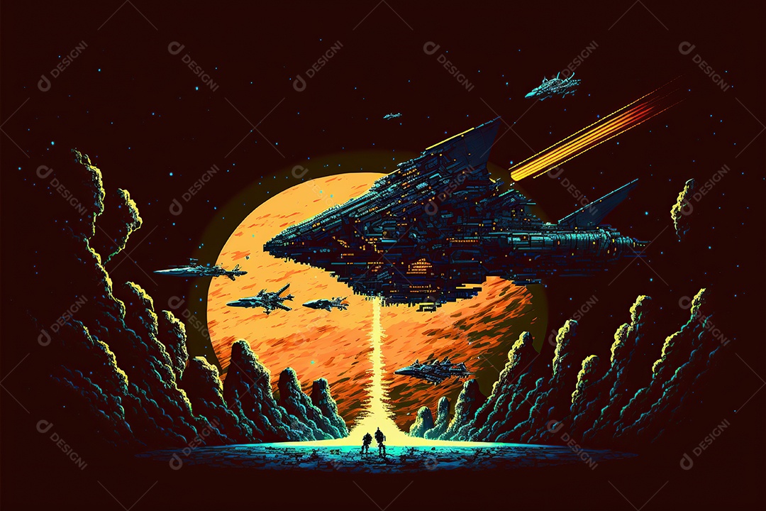 Nave espacial, nível de jogos de computador retrô. Cena de videogame pixel art 8 bits. 1980