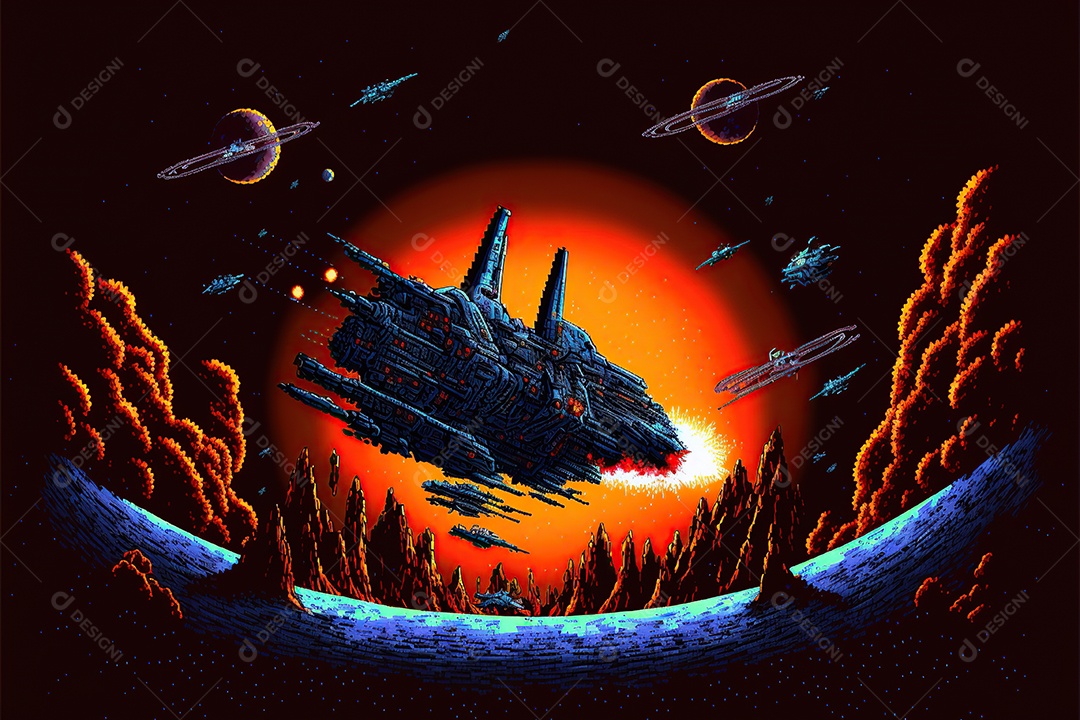 Nave espacial, nível de jogos de computador retrô. Cena de videogame pixel art 8 bits. 1980