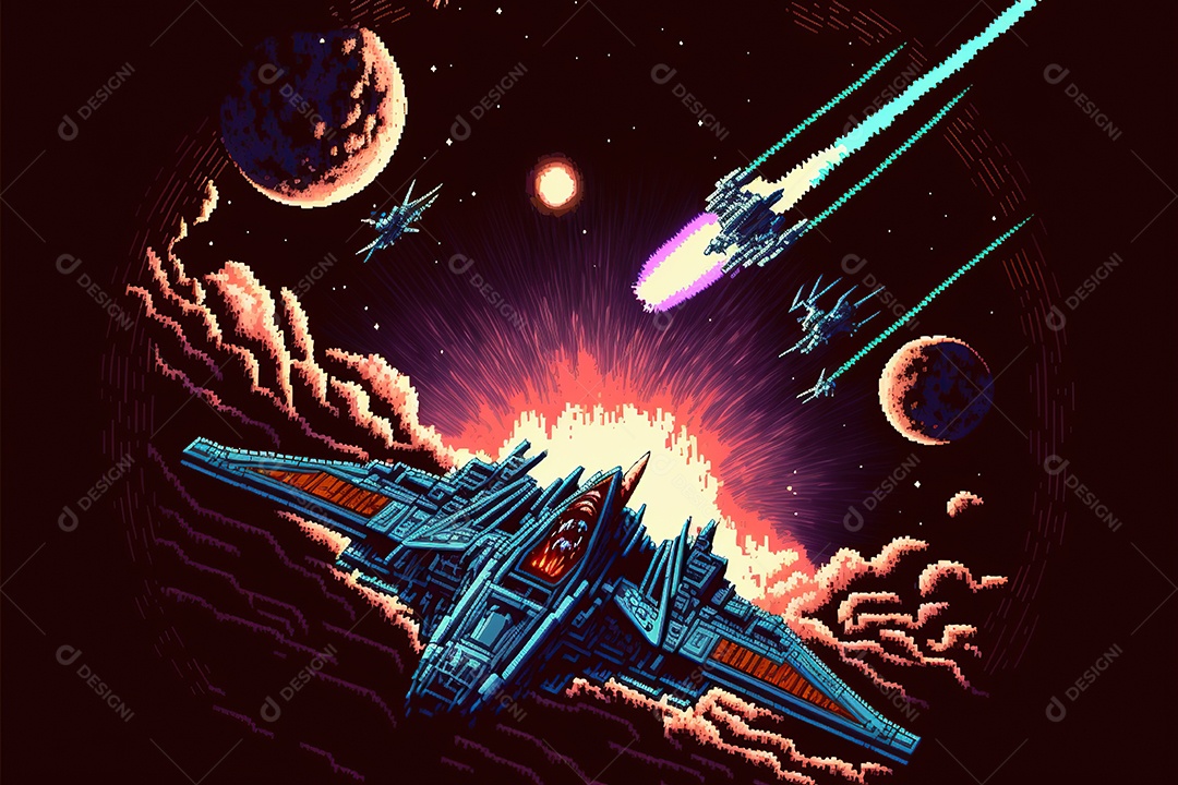 Nave espacial, nível de jogos de computador retrô. Cena de videogame pixel art 8 bits. 1980