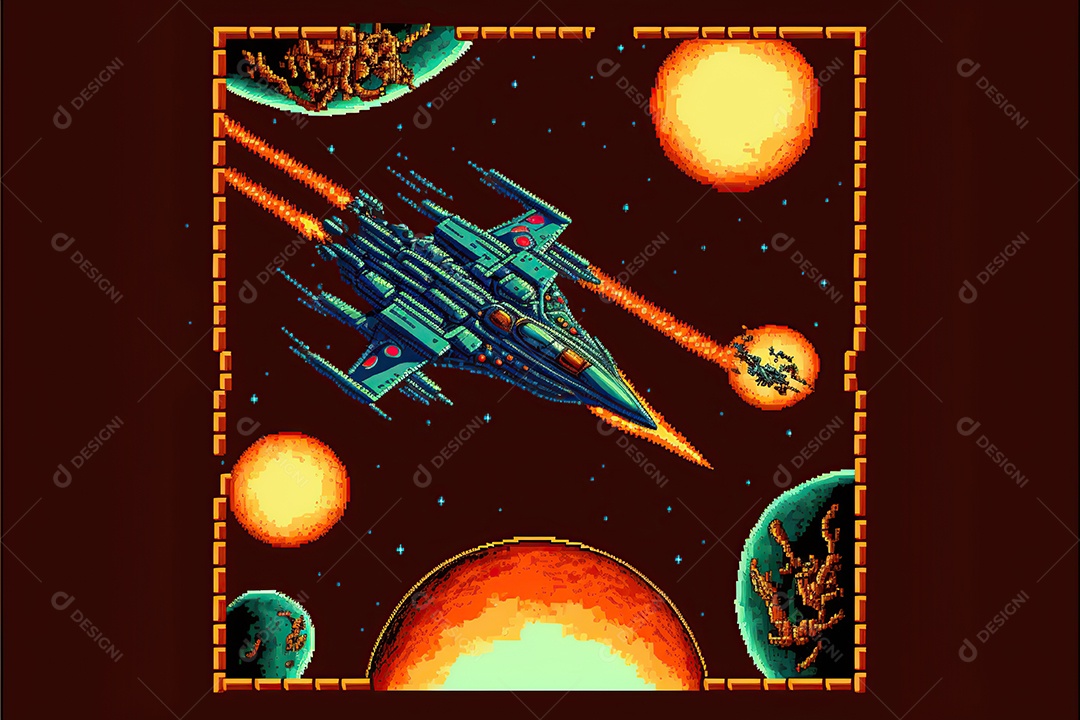 Uma nave espacial, nível de jogos de computador retrô. Cena de videogame pixel art 8 bits. 1980