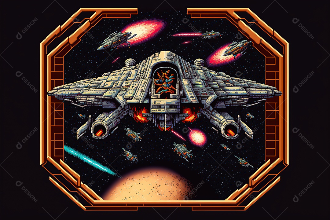 Uma nave espacial, nível de jogos de computador retrô. Cena de videogame pixel art 8 bits. 1980