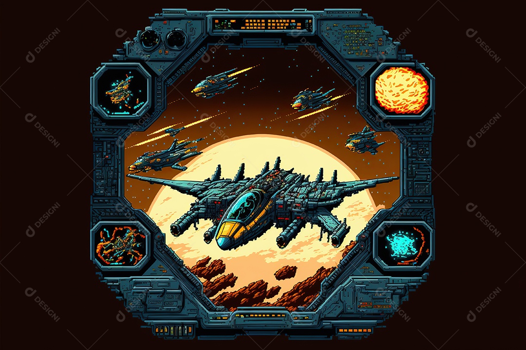 Soldado espacial, nível de jogos de computador retrô. Cena de videogame pixel vart 8 bits. 1980