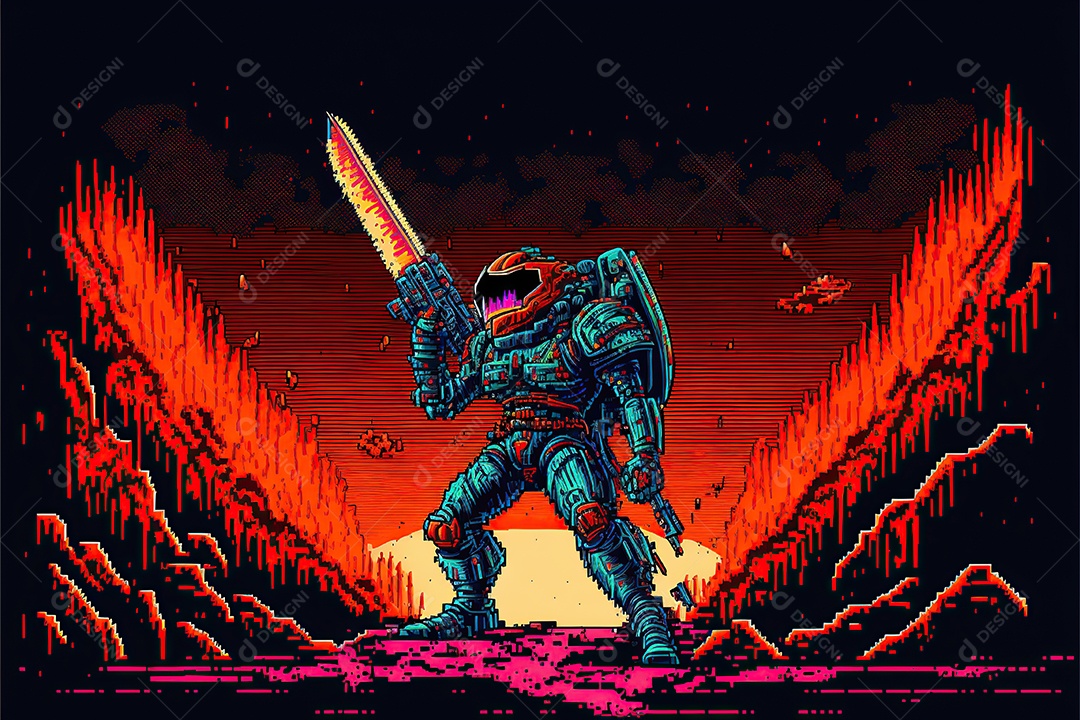 Soldado espacial, nível de jogos de computador retrô. Cena de videogame pixel vart 8 bits. 1980