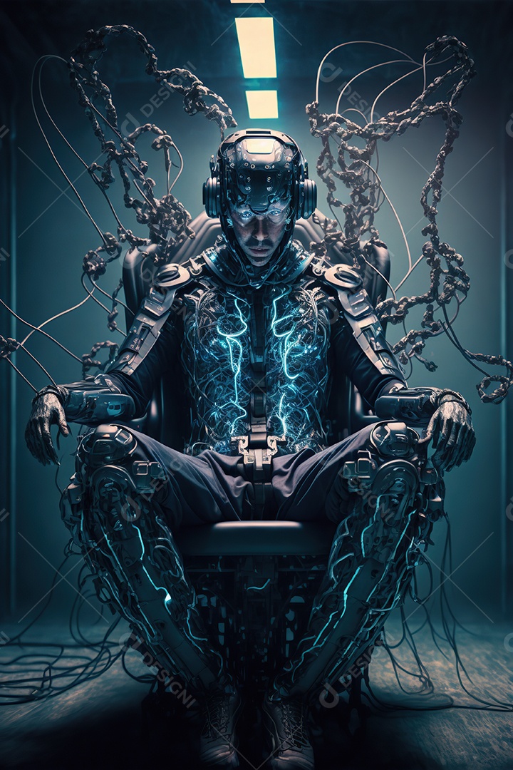 Homem com um capacete tecnológico sentado em uma pesada cadeira cibernética. Futurista, fantasia.