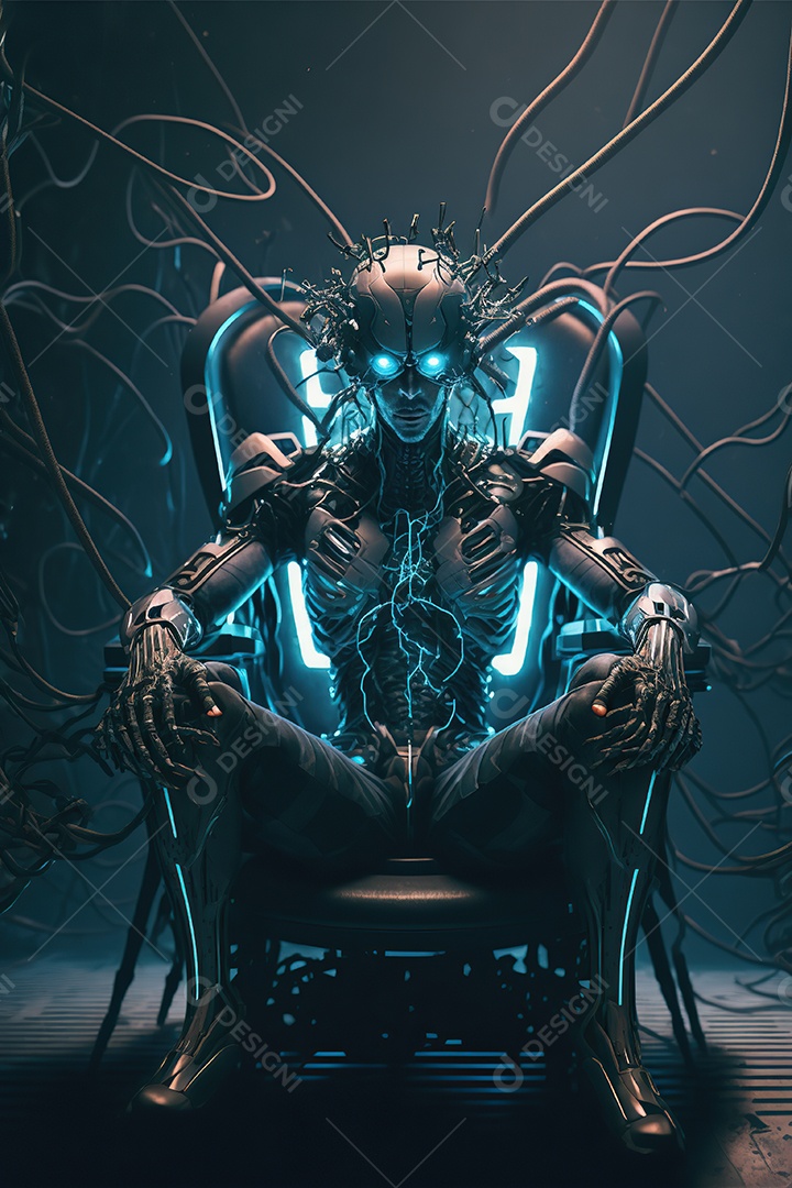 Homem com um capacete tecnológico sentado em uma pesada cadeira cibernética. Futurista, fantasia.