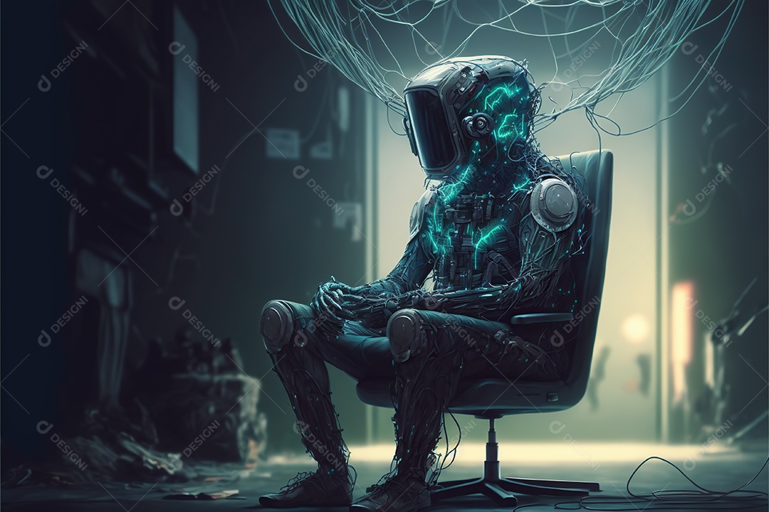 Homem com um capacete tecnológico sentado em uma pesada cadeira cibernética. Futurista, fantasia.