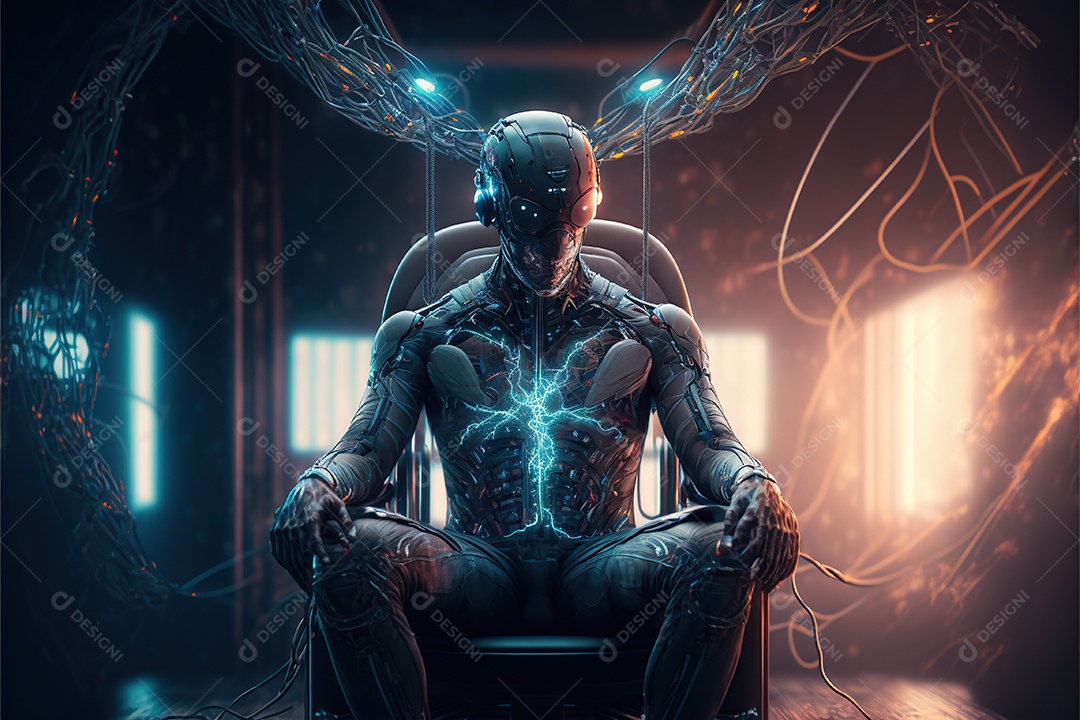 Homem com um capacete tecnológico sentado em uma pesada cadeira cibernética. Futurista, fantasia.