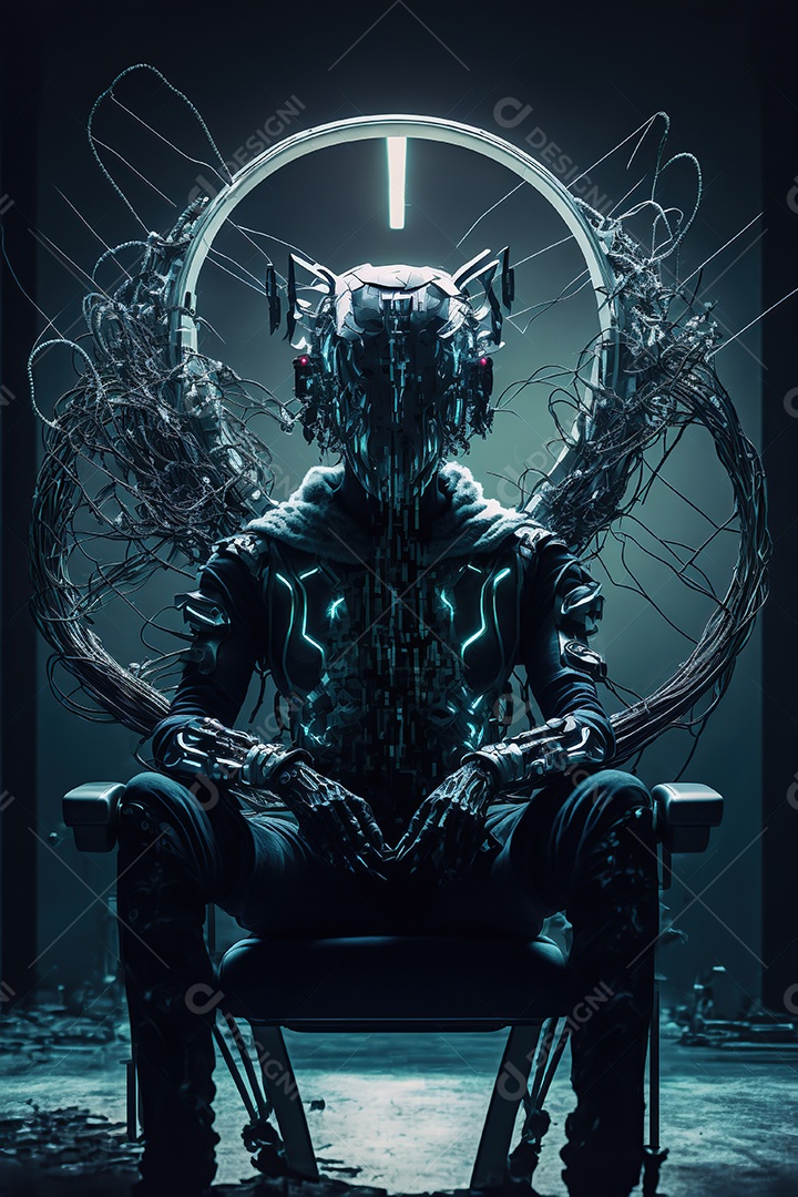 Homem com um capacete tecnológico sentado em uma pesada cadeira cibernética. Futurista, fantasia.